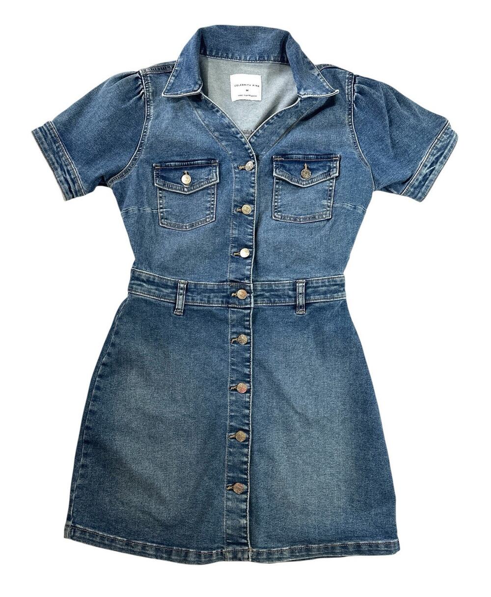Celebrity Pink Denim Dress Womens M Blue Button Front Puff Sleeve Mini Y2K